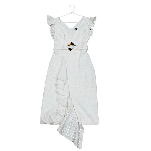 PATBO romantic ruffle sleeve Belted Eyelet Midi Dress In White sz 4 - Picture 12 of 14